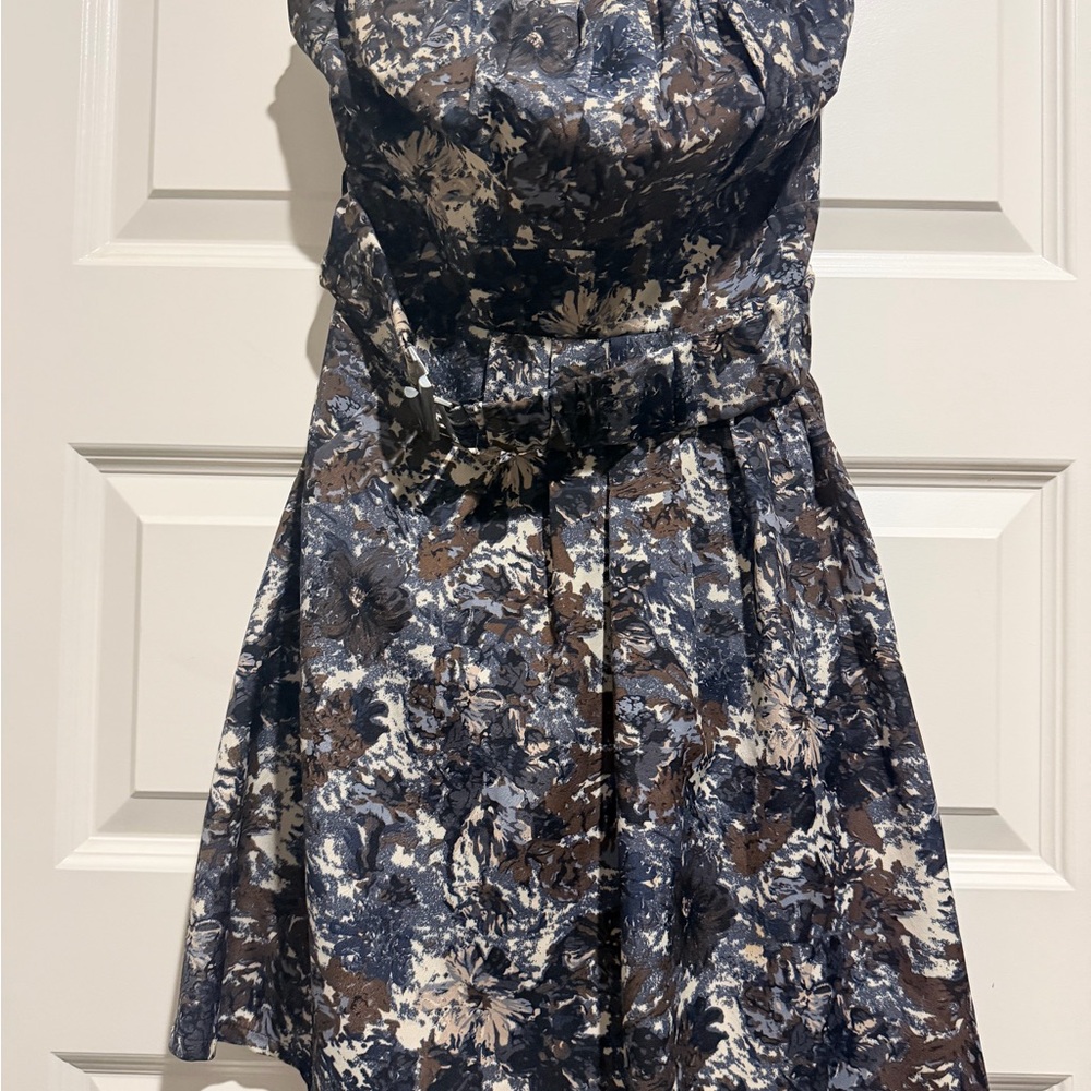 Forever 21 Strapless Floral Fit-and-Flare Dress in Navy, Brown, and Cream